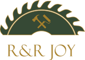 R&R JOY -logo, jossa vihreä sahanterä ja kultainen vasara-saha-tunnus