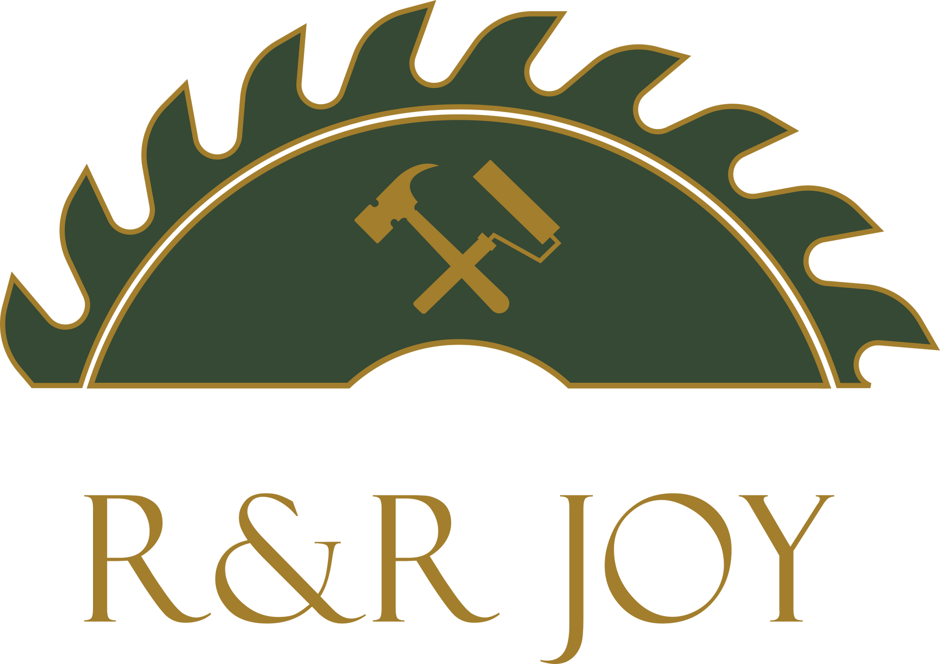 R&R JOY -logo, jossa vihreä sahanterä ja kultainen vasara-saha-tunnus