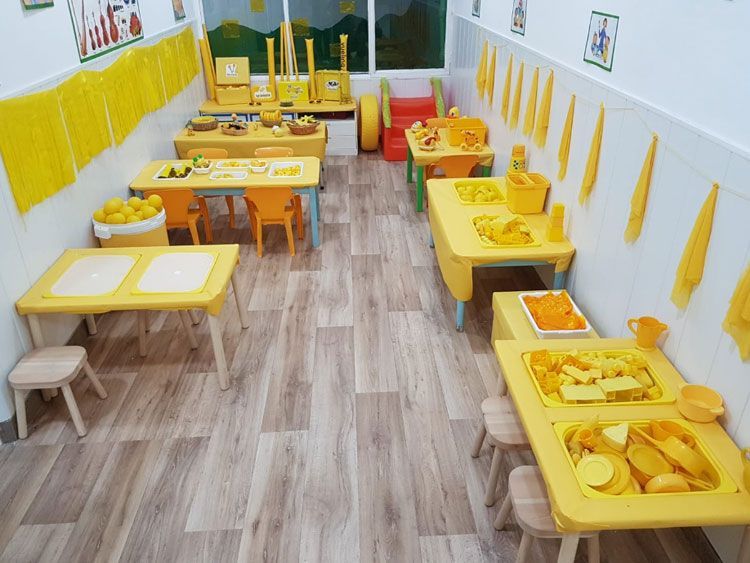 Un aula llena de mesas y sillas amarillas.