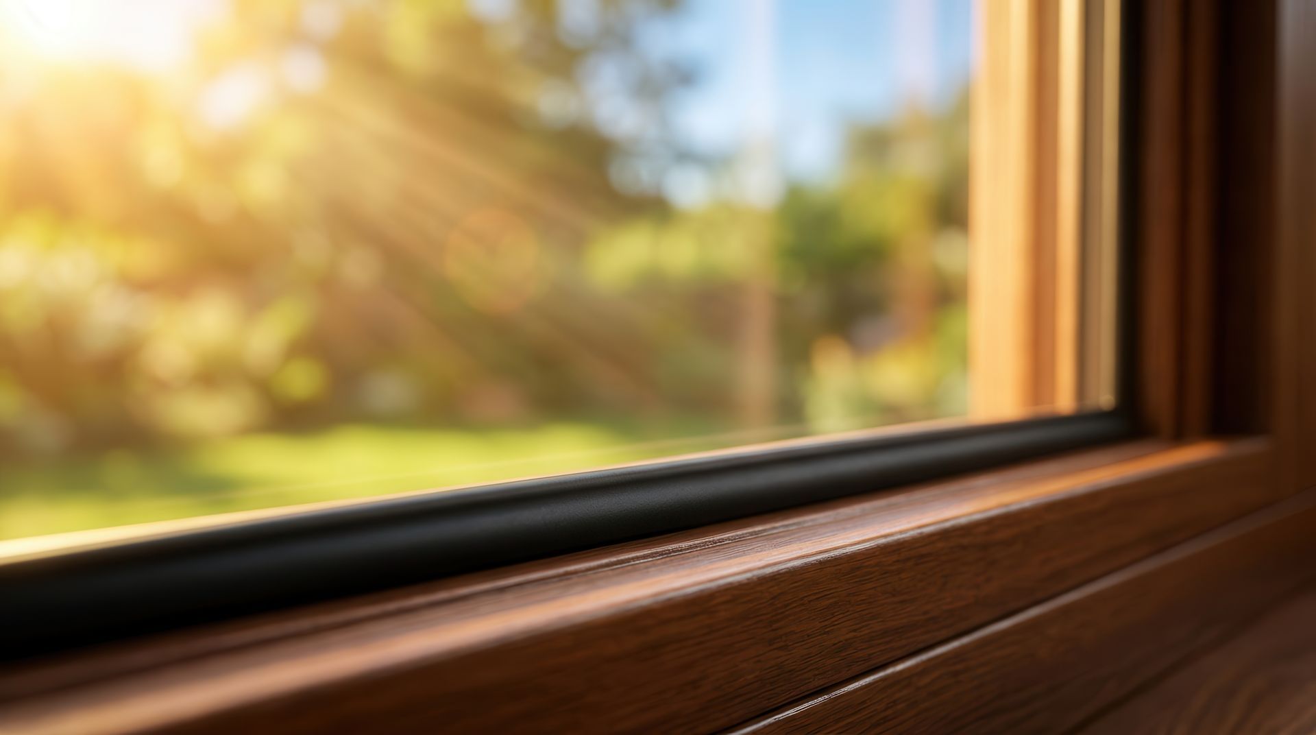 Intérieur moderne avec balustrades en verre, escalier et grande fenêtre donnant sur l'océan au coucher du soleil