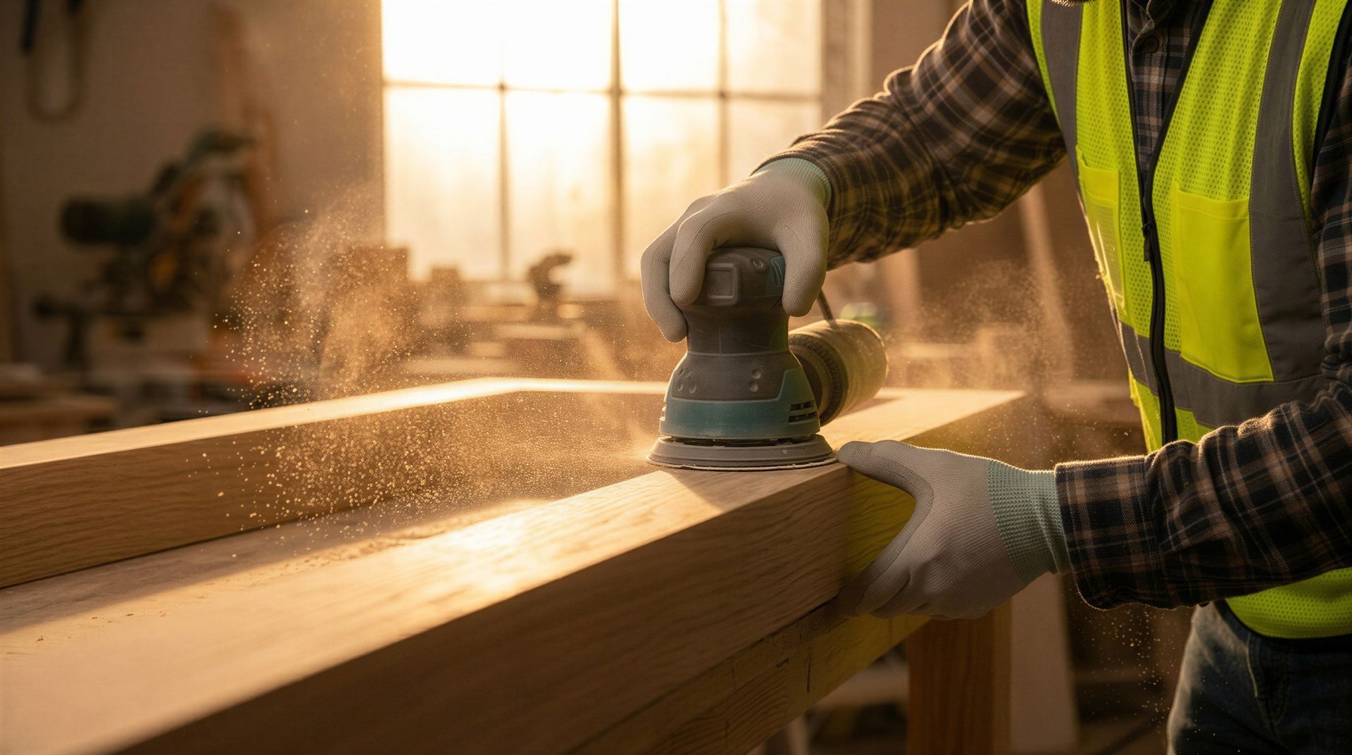 Un ouvrier ponce une poutre en bois avec une ponceuse électrique dans un atelier ensoleillé