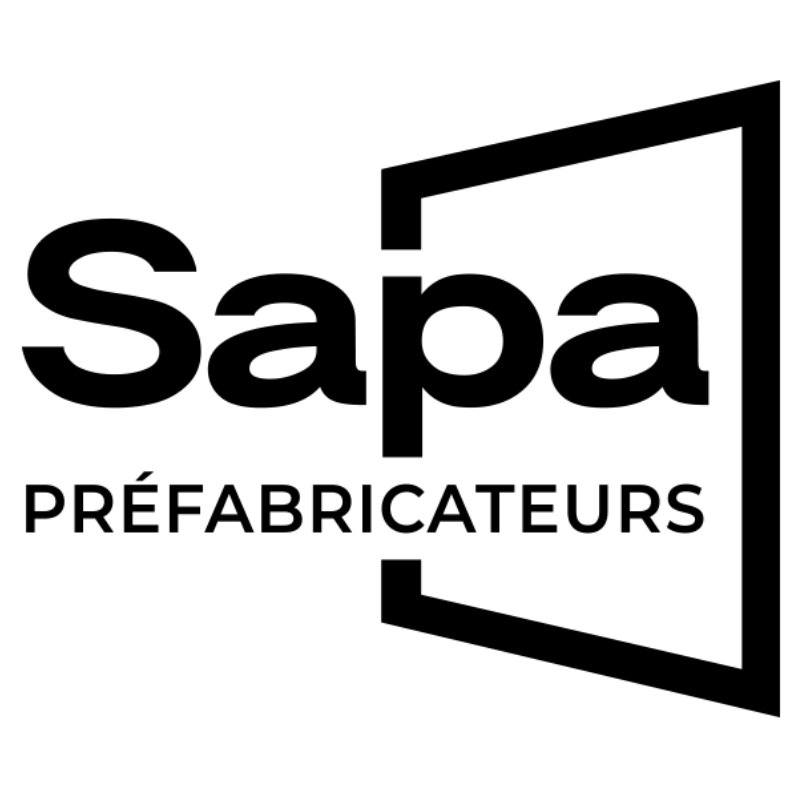 Logo noir de Sapa Prébabricateurs avec contour stylisé d'encadrement de porte sur fond blanc
