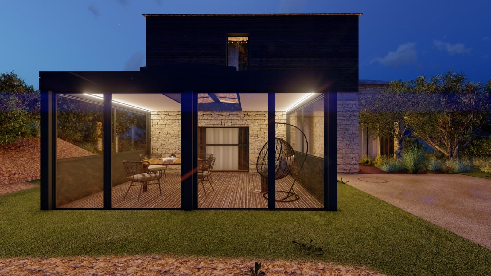 Extérieur d'une maison moderne à deux étages avec murs blancs, porte de garage foncée et claustra vertical en bois à l'étage supérieur