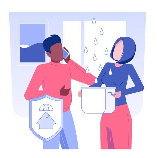 Deux personnes en train de tenir un seau d'eau au-dessus d'une fuite, signifiant que l'entreprise réalise des travaux d'étanchéité