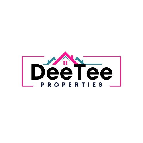 Logo for DeeTee Properties with black text, a pink house roof icon, and a pink border frame on a white background.