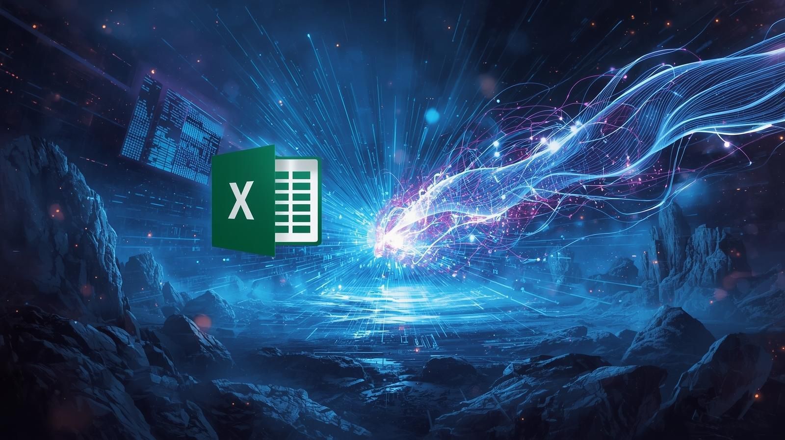 Logotipo de Microsoft Excel sobre un vibrante fondo cósmico de nebulosas azules arremolinadas y luz estelar.