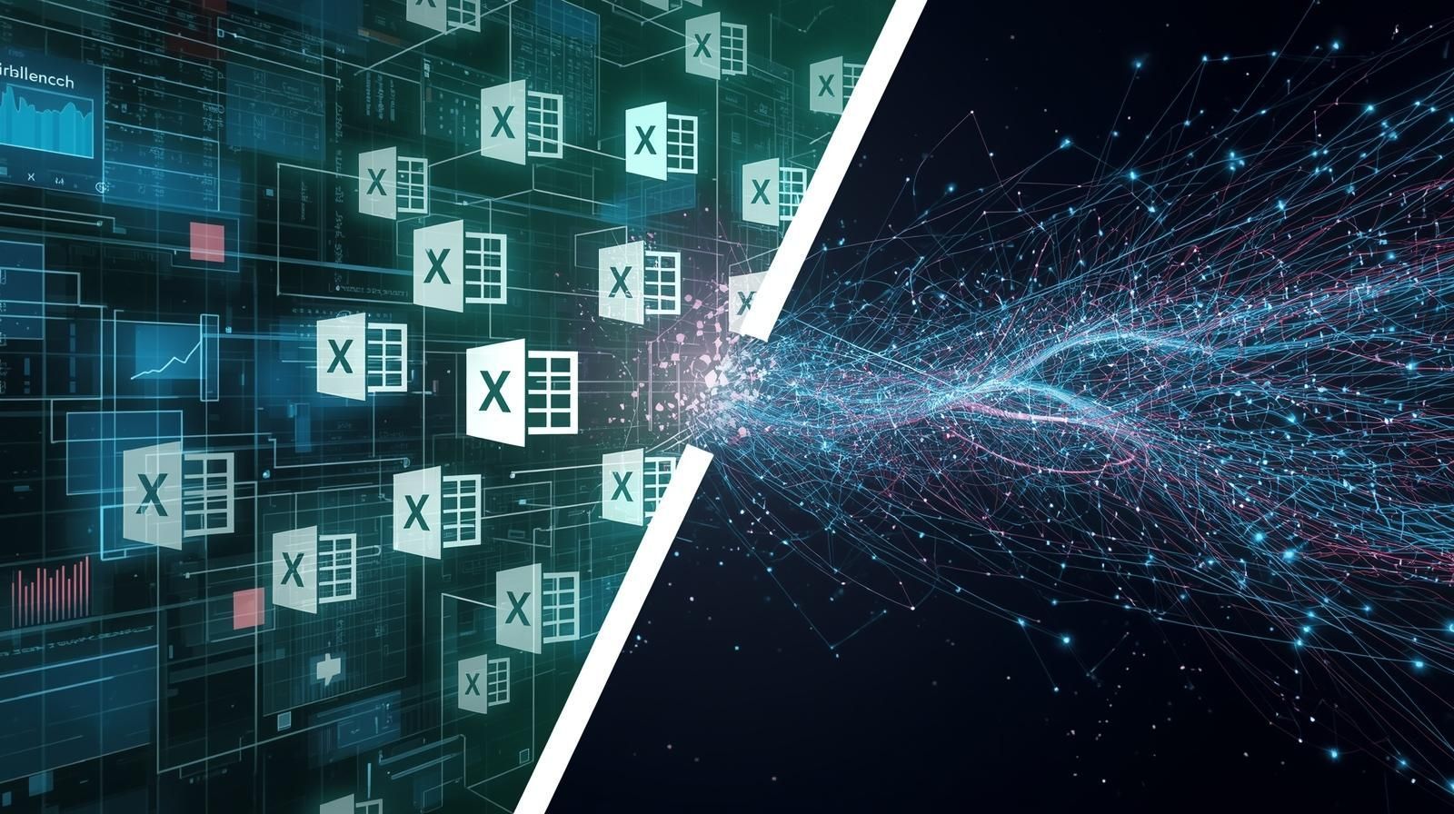 Los iconos flotantes de Excel pasan de una cuadrícula de datos verde estructurada a un flujo digital dinámico, brillante y azul y rojo.