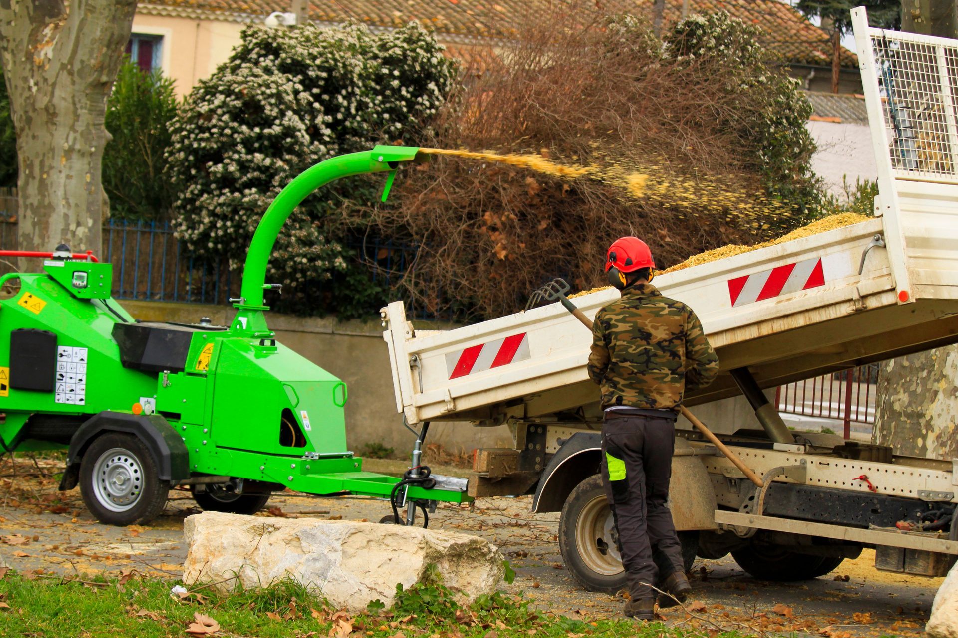 Broyeur de bois vert traitant des branches dans un camion ; ouvrier portant un casque orange et une veste de camouflage.