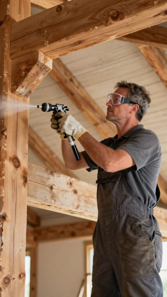 Un ouvrier portant des lunettes de sécurité pulvérise un traitement sur des poutres en bois