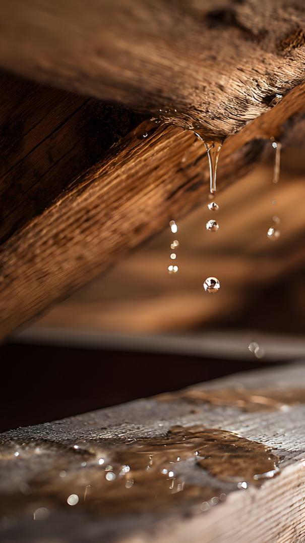 De l'eau qui goutte d'une poutre en bois tombe sur une surface en bois humide en dessous