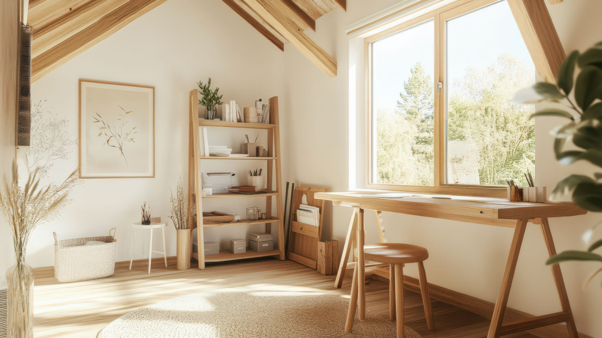 Bureau mansardé minimaliste et lumineux, baigné de soleil, avec bureau, chaise, étagères et grande fenêtre