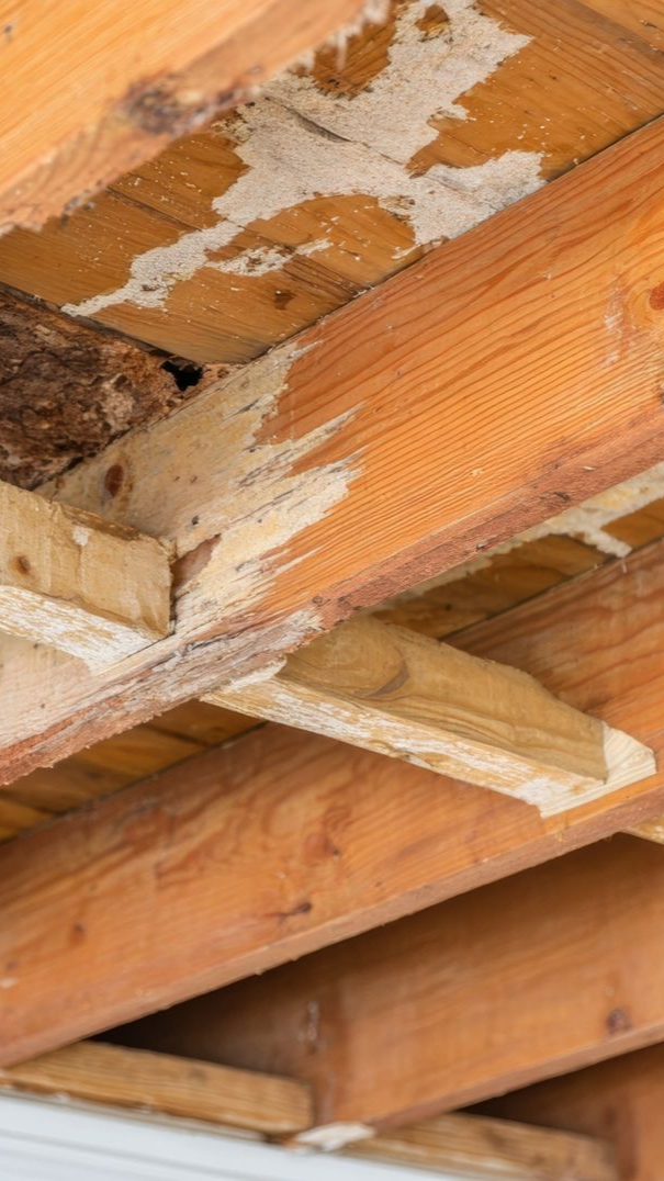 Poutres de plafond en bois apparentes qui présentent des signes d'infiltration d'eau