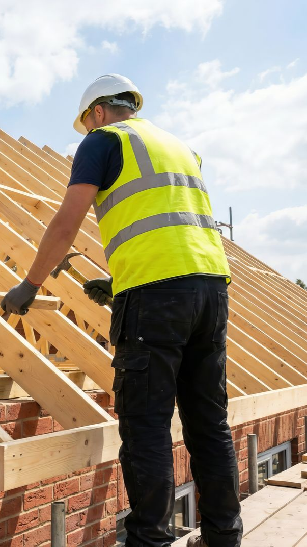 Ouvrier du bâtiment portant un gilet de sécurité jaune et un casque de chantier sur un toit