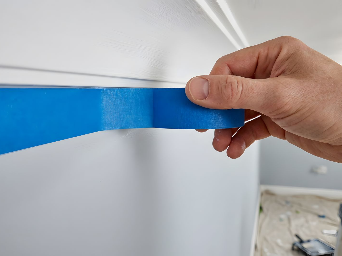 Main tenant du ruban adhésif de peintre bleu contre un mur blanc