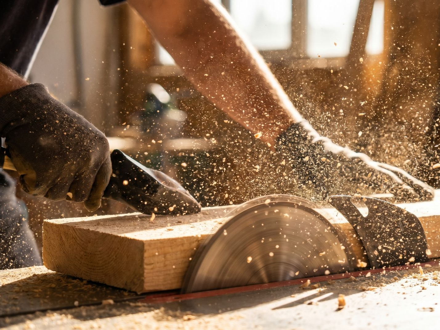 Une personne coupe une planche de bois avec une scie circulaire