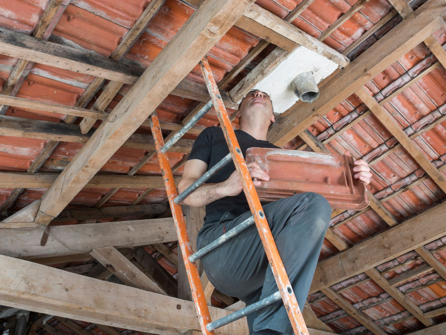 Un ouvrier, juché sur une échelle orange, qui inspecte une toiture