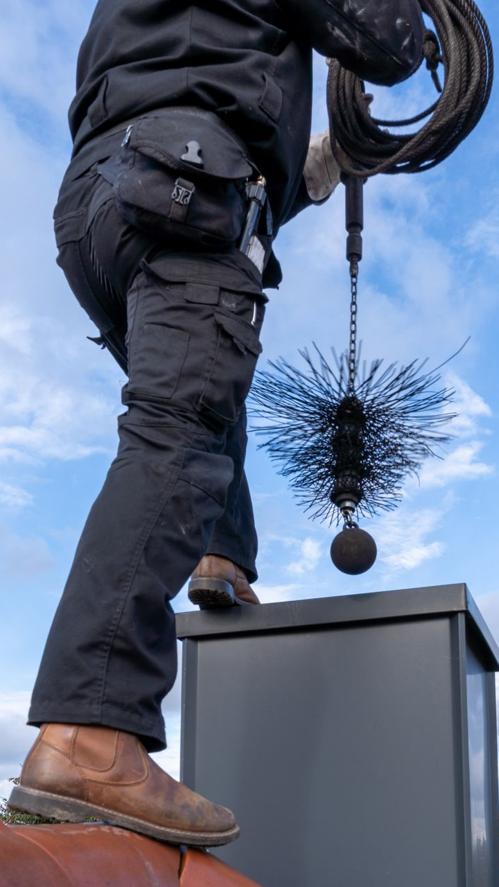 Ouvrier sur un toit nettoyant une cheminée avec une brosse