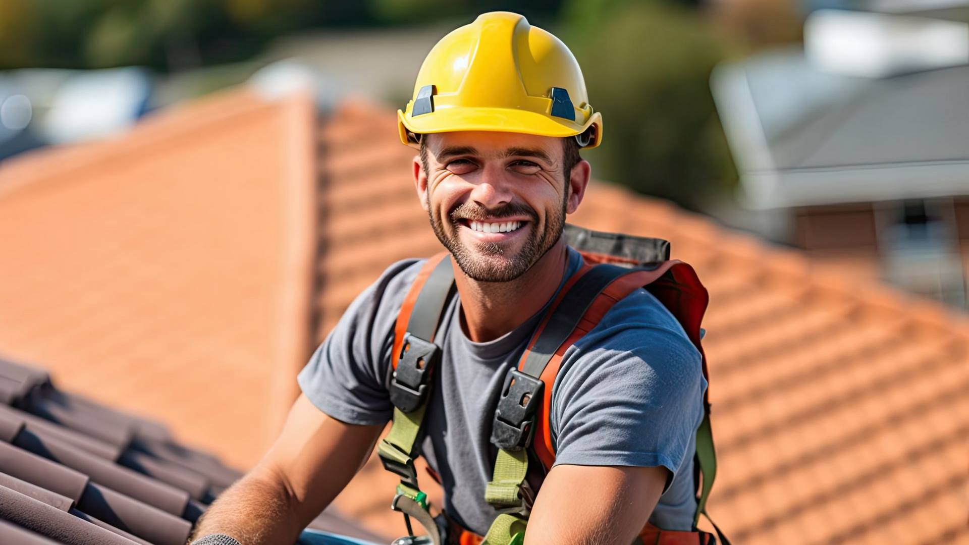 Un couvreur souriant, portant un casque jaune, sur une toiture