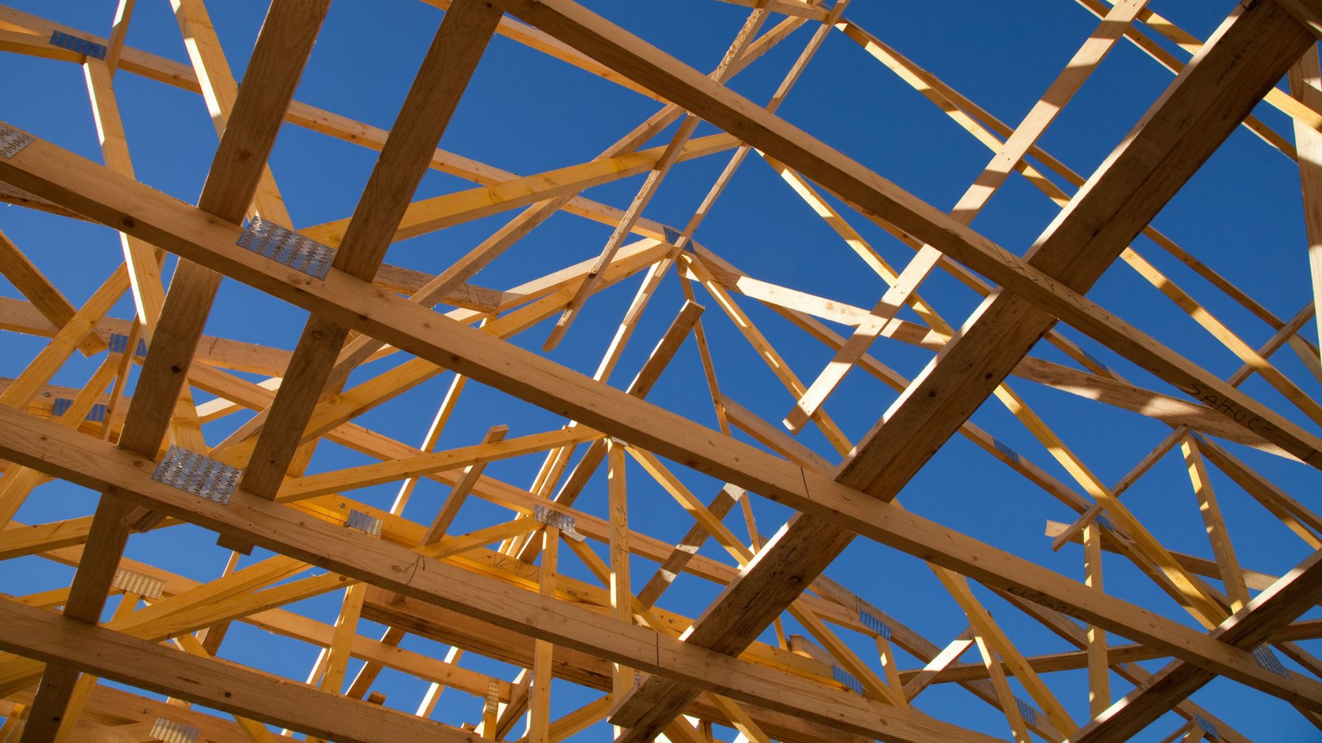 Charpente de toit en bois se détachant sur un ciel bleu pendant la construction