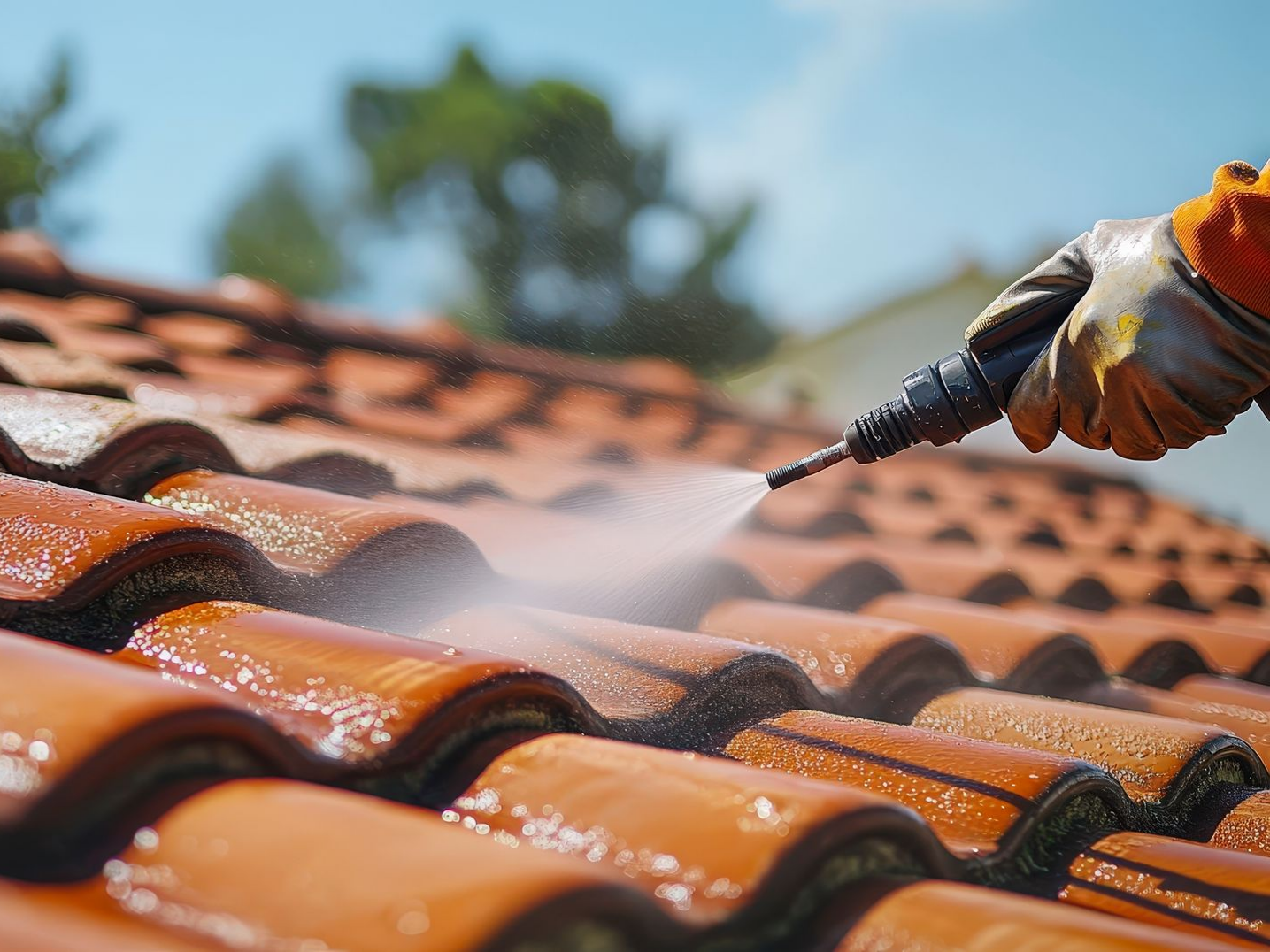 Main gantée arrosant des tuiles orange qui applique un hydrofuge de toiture