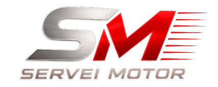 Logotipo de Servei Motor en rojo y plateado sobre fondo negro.