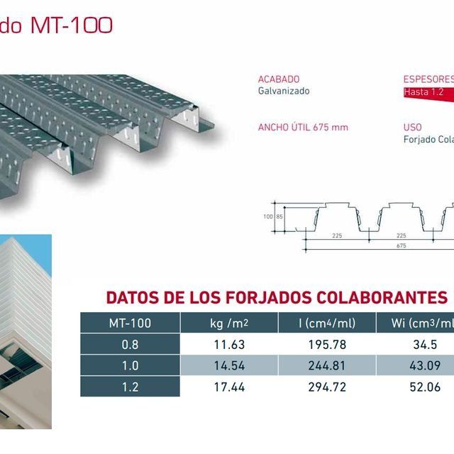 A picture of a metal roof with the numbers mt-100 and datos de los forjados colaborantes