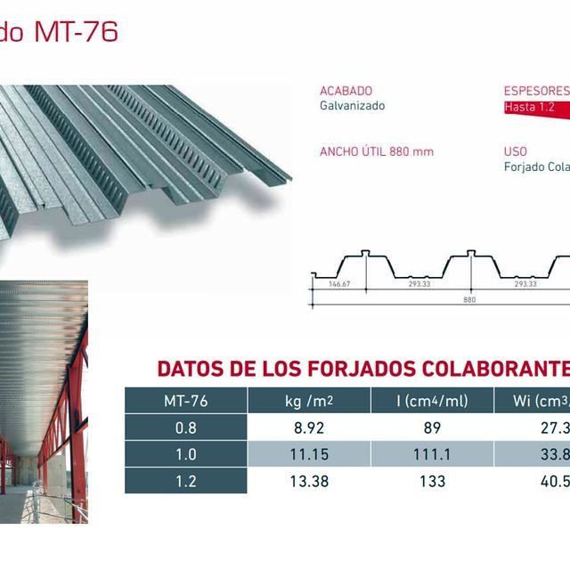A picture of a metal roof and a table of datos de los forjados colaborantes