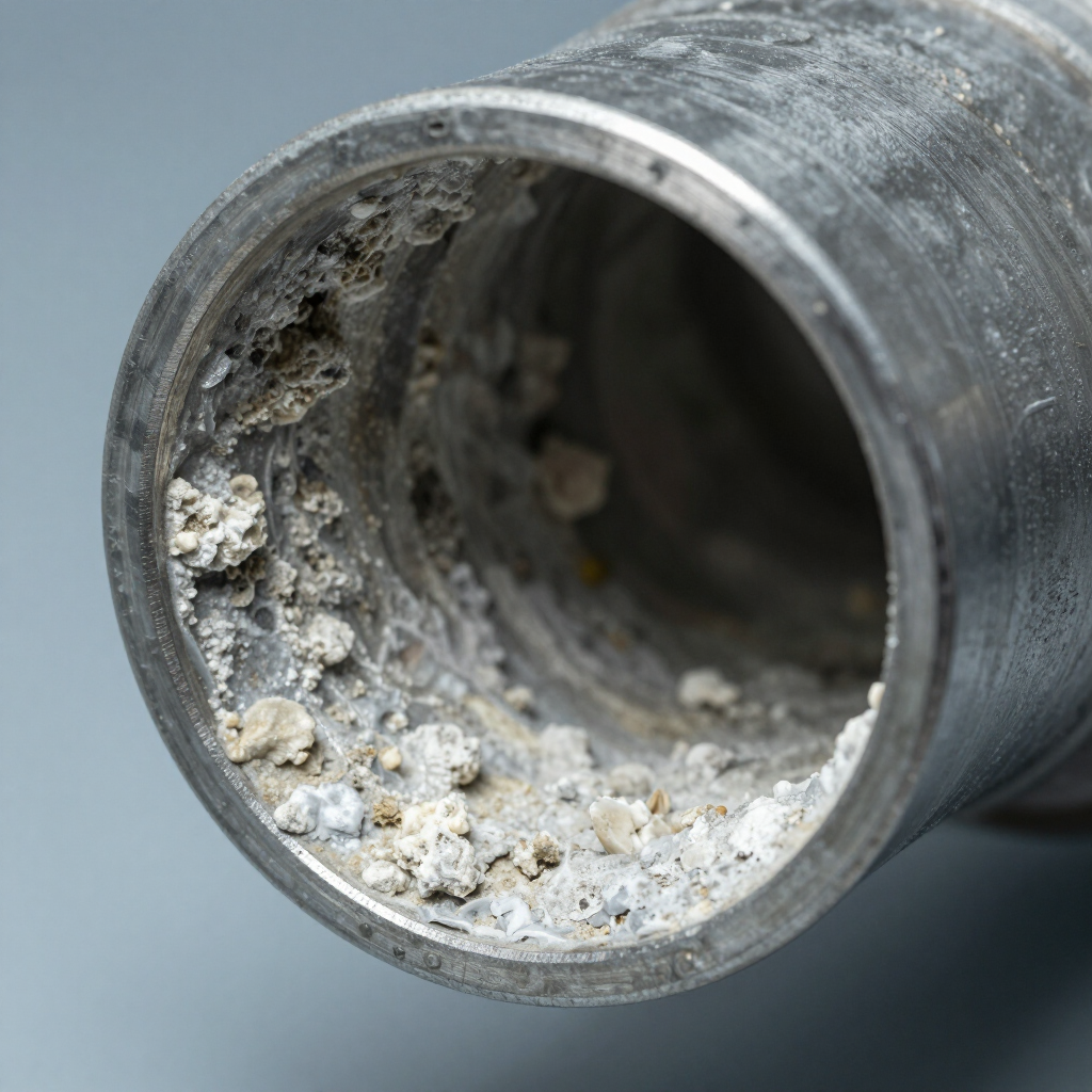 Gros plan sur un tuyau métallique gris avec des dépôts blancs à l'intérieur.