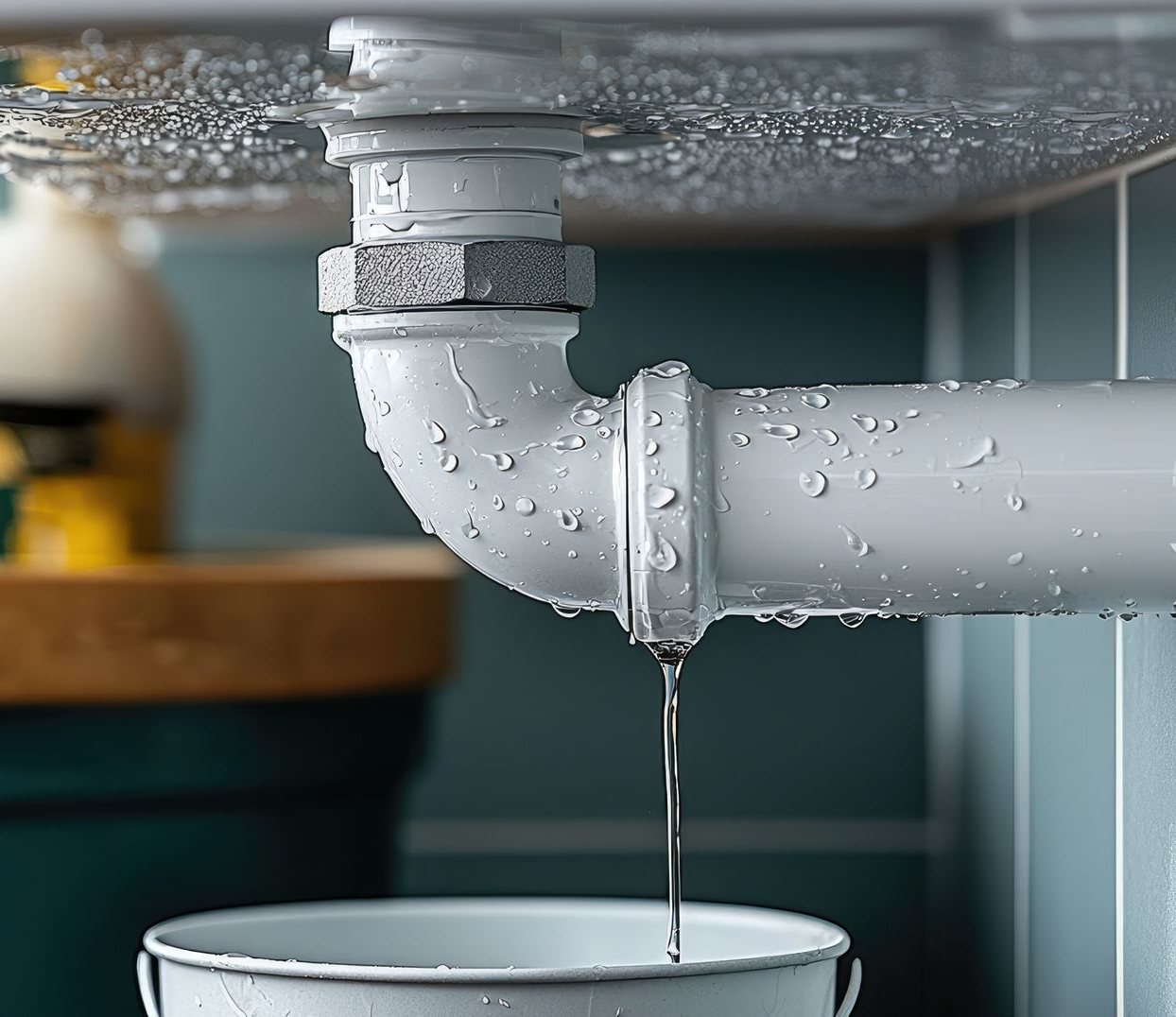 Un tuyau blanc qui fuit laisse couler de l'eau dans un seau sous l'évier.