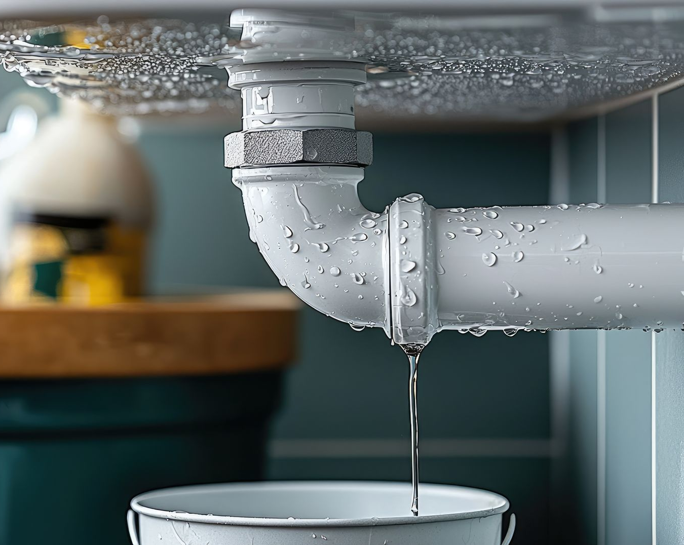 Un tuyau blanc qui fuit sous un évier laisse tomber de l'eau dans un bol, des gouttelettes d'eau formant des flaques sur le tuyau.