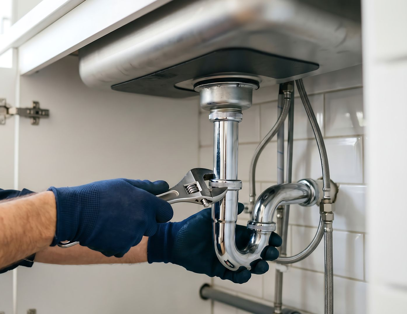 Des mains gantées resserrent un tuyau d'évacuation chromé sous un lavabo blanc.