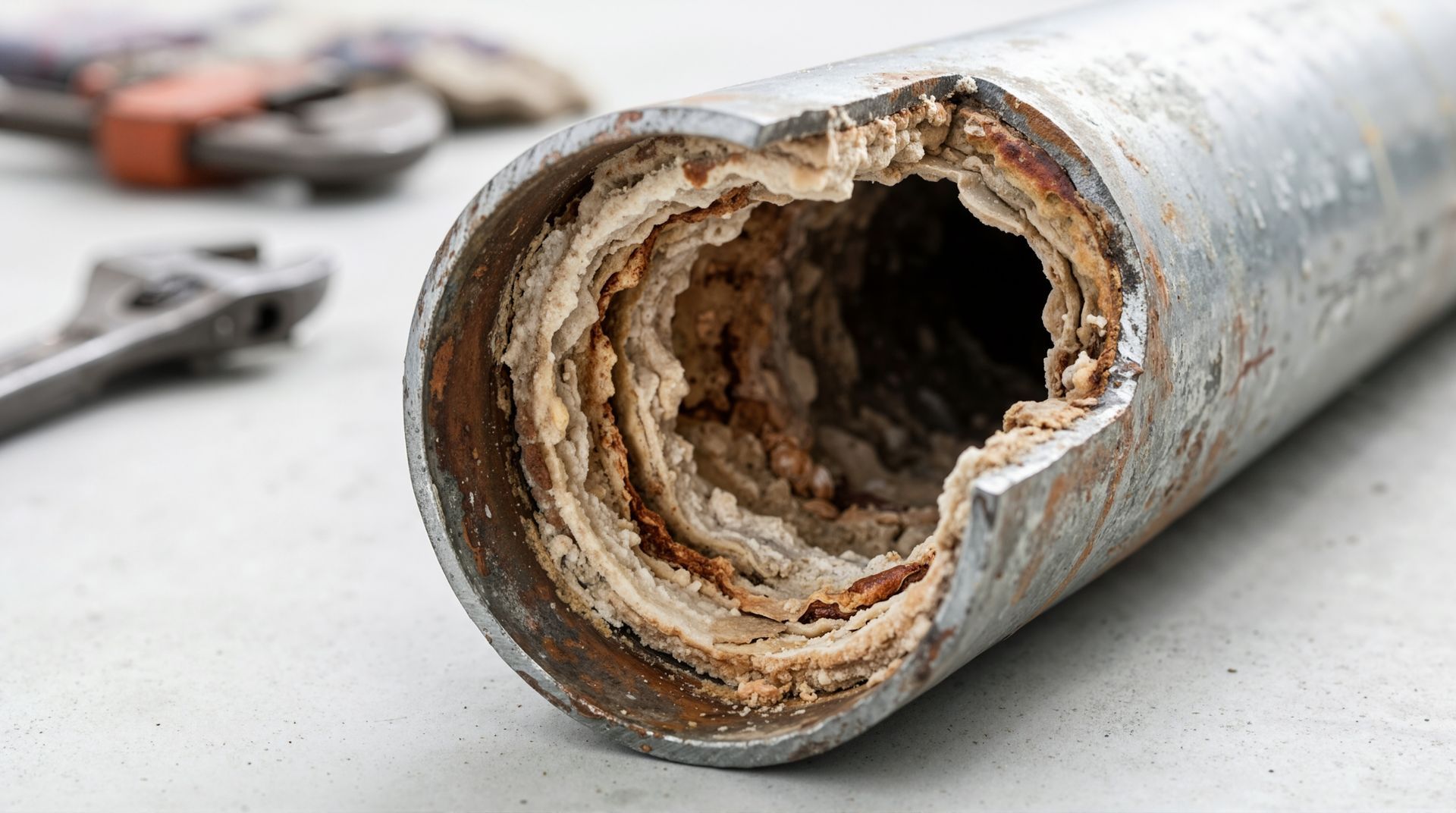 Tuyau métallique coupé, rongé par la rouille et présentant d'importantes accumulations de dépôts à l'intérieur, sur un établi.