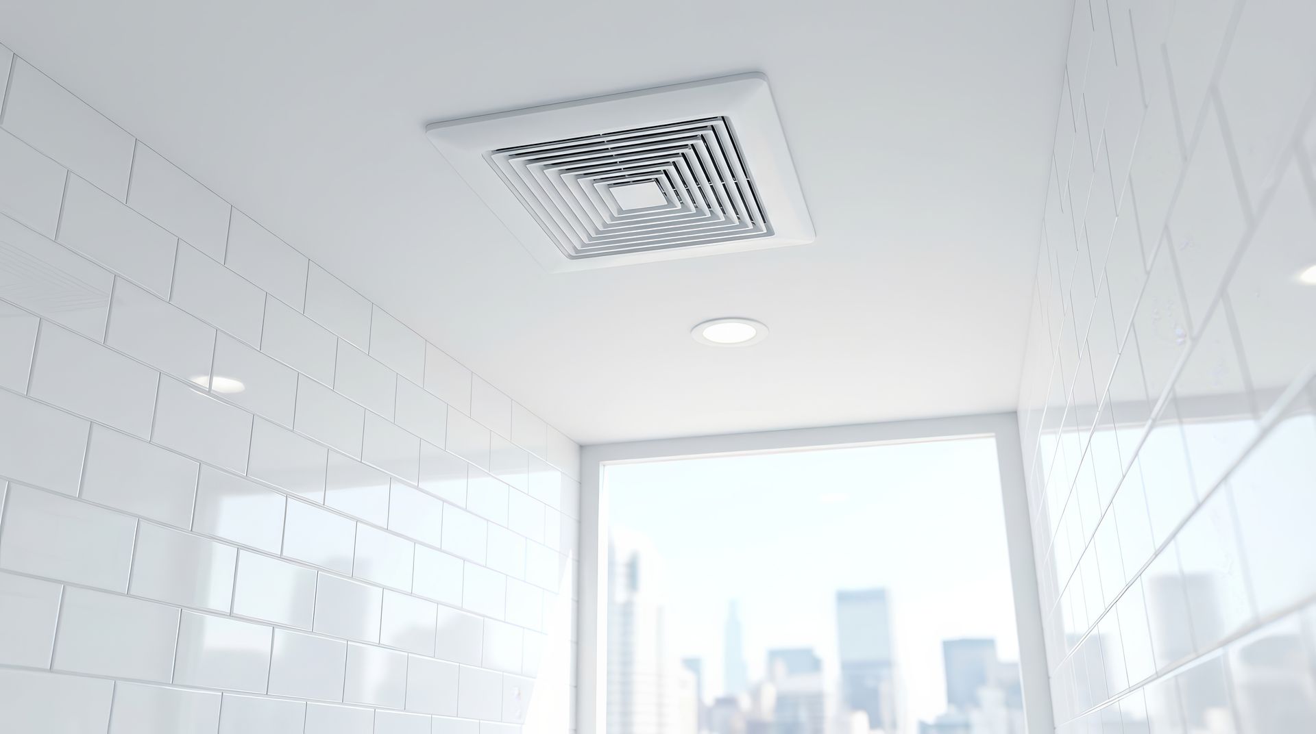 Douche carrelée de blanc éclatant avec aération au plafond et petite fenêtre donnant sur la ville