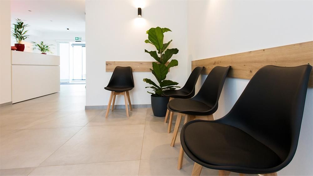 Ein Wartezimmer mit schwarzen Stühlen und einer Topfpflanze.