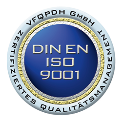 Ein blau-silbernes Logo mit der Aufschrift DIN EN ISO 9001