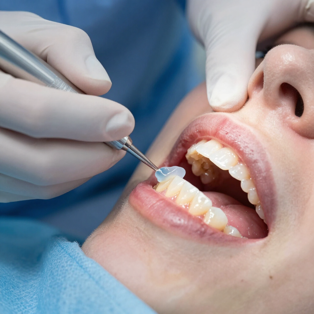 Dentista utilizando un raspador dental en los dientes de un paciente durante una revisión