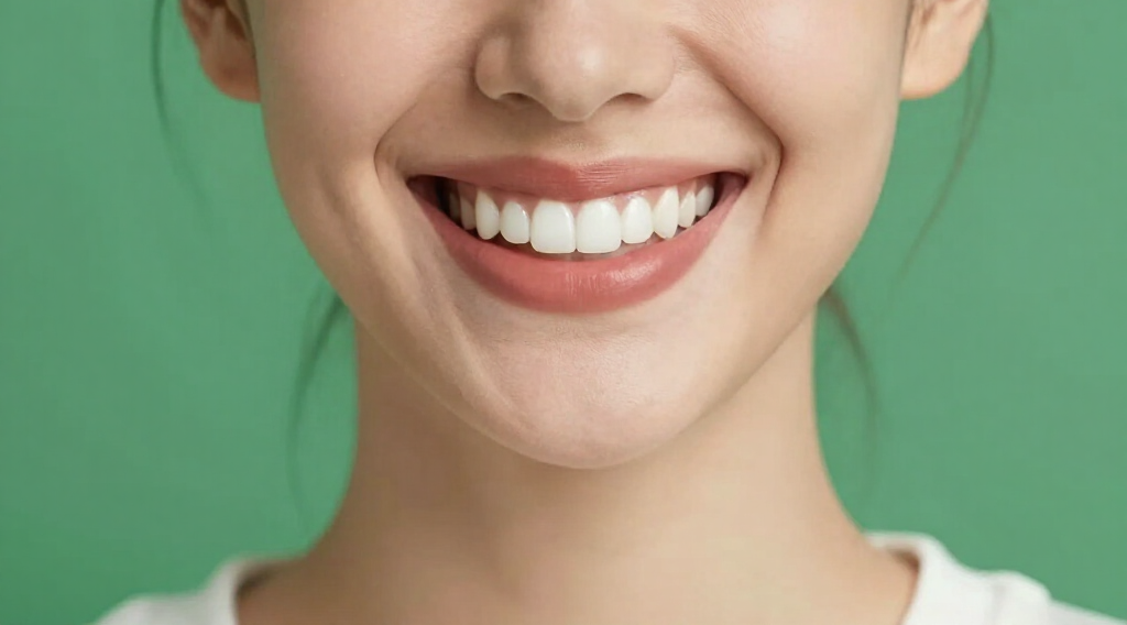 Boca sonriente con dientes blancos sobre un fondo verde