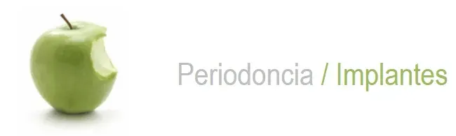 Manzana verde junto al texto &laquo;Periodoncia / Implantes&raquo; sobre un fondo blanco