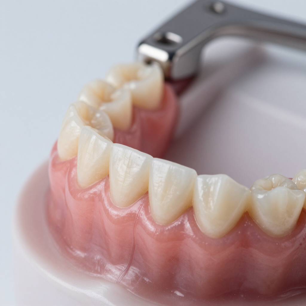 Prótesis dentales parciales inferiores con base rosa para las encías y ganchos metálicos sobre un fondo claro