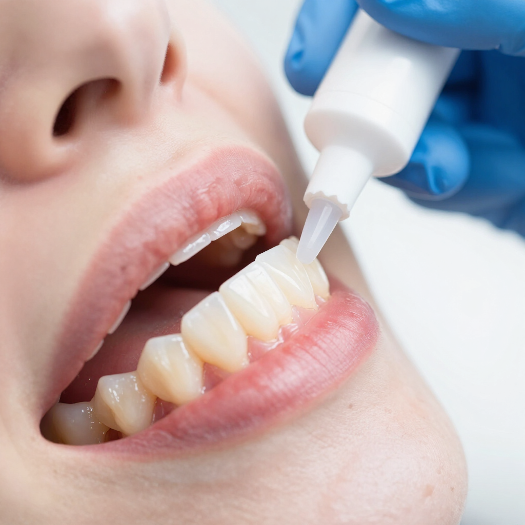 Primer plano de los dientes de una persona mientras una mano enguantada aplica gel dental con un pincel