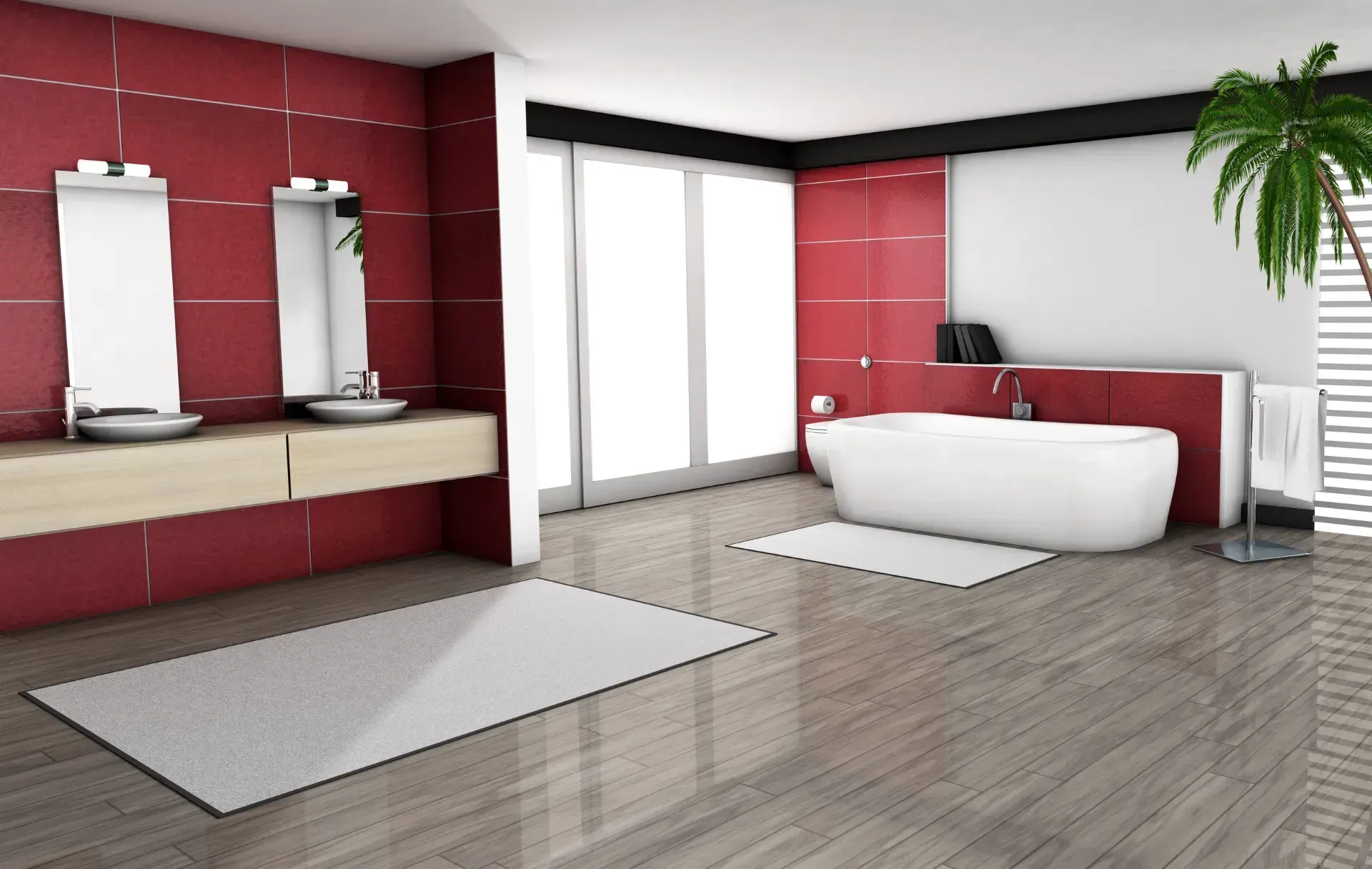 Un baño con azulejos rojos y una bañera blanca.