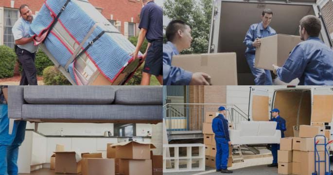 Un collage de fotografías de una empresa de mudanzas transportando cajas y un sofá.