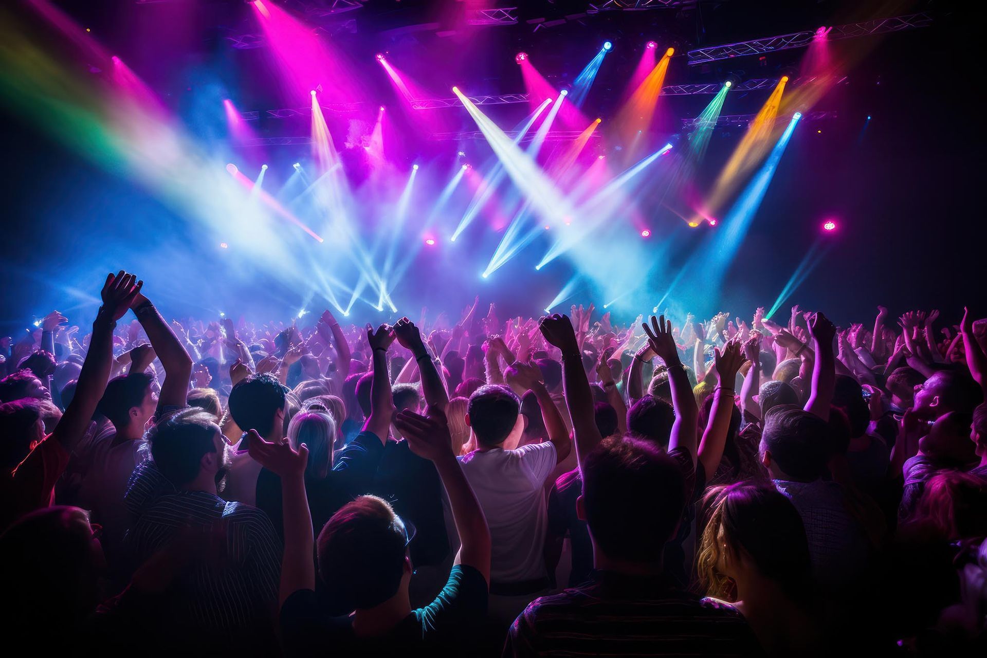 Menschenmenge bei einem Konzert mit erhobenen Händen unter bunten Bühnenlichtern und Rauch
