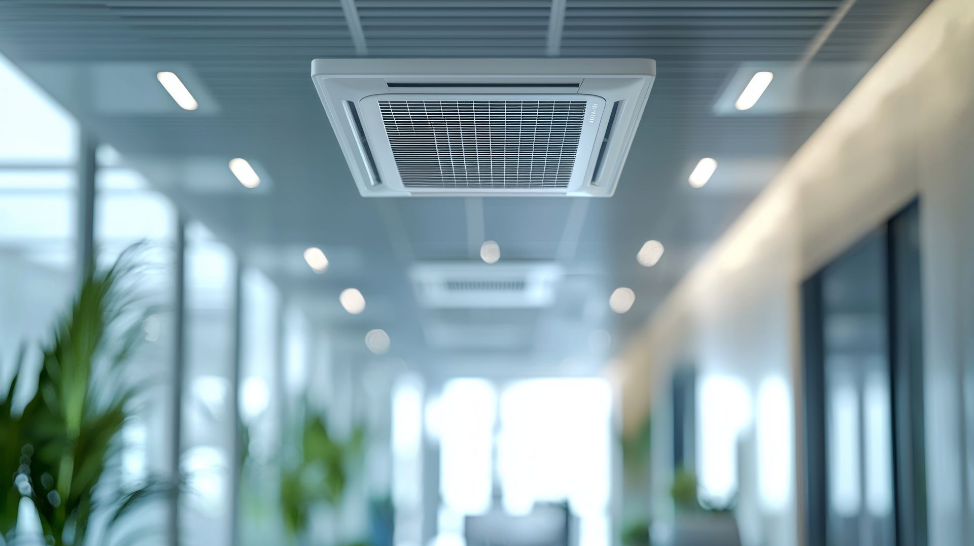 Unité de climatisation de plafond dans un couloir de bureau moderne avec éclairage encastré et plantes.