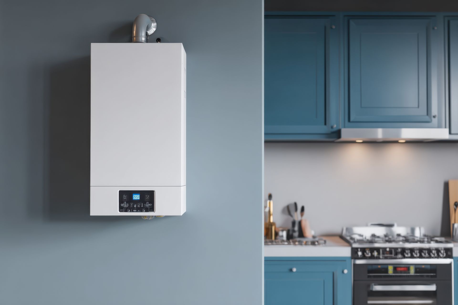 Chaudière à gaz murale blanche avec affichage numérique, installée dans une cuisine moderne aux meubles bleus.