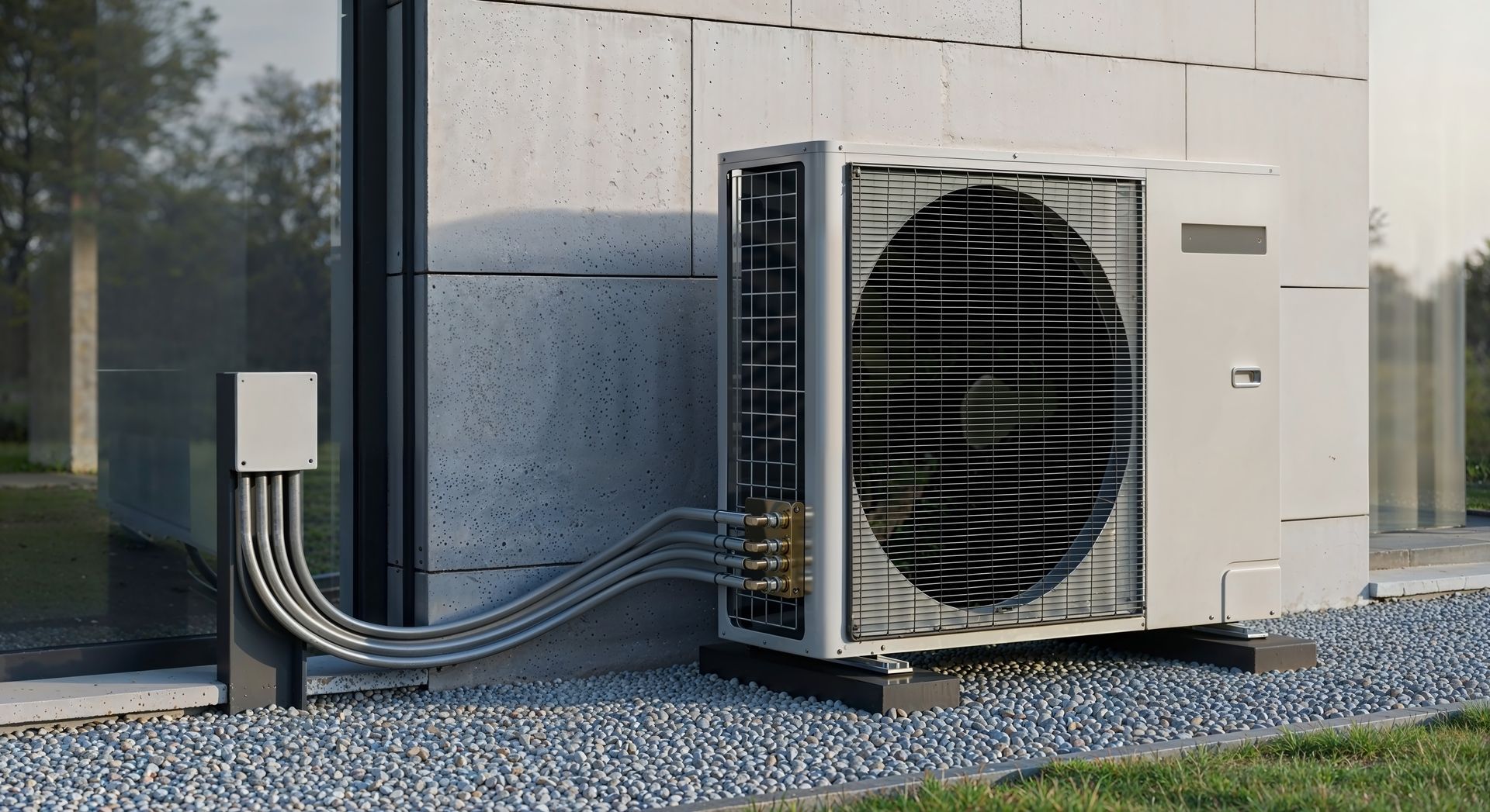 Unité de pompe à chaleur air-air à proximité d'un bâtiment avec conduit électrique.