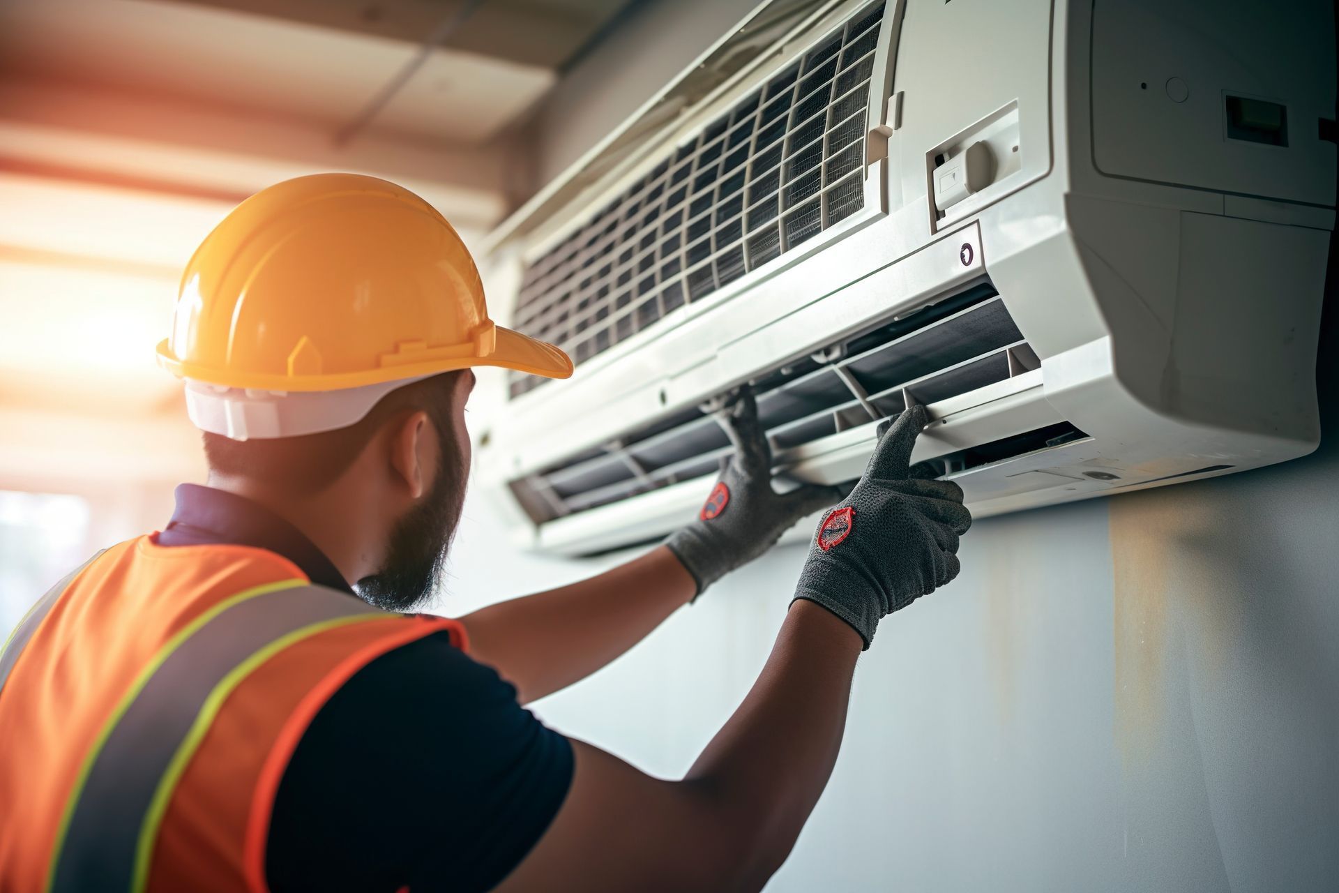 Un technicien portant un gilet de sécurité et un casque de chantier, inspecte un climatiseur.