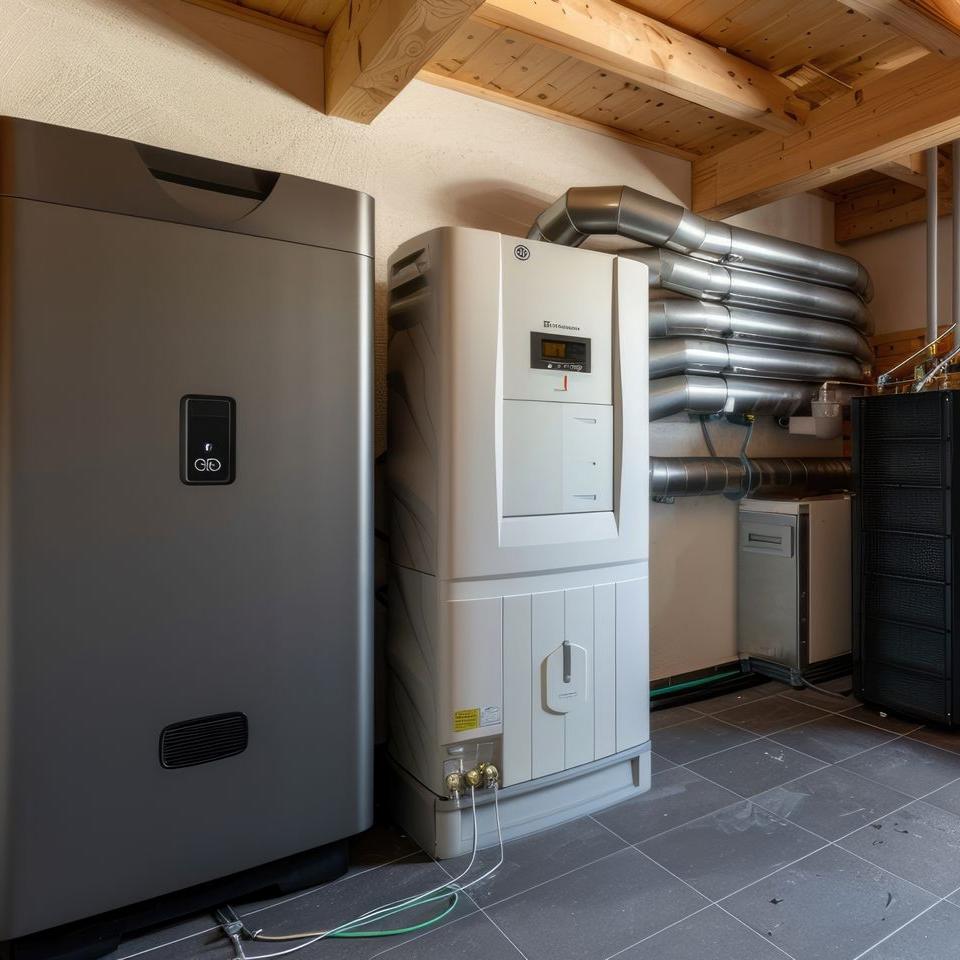 Équipements de climatisation dans un local technique : grandes unités grises et blanches avec conduits.