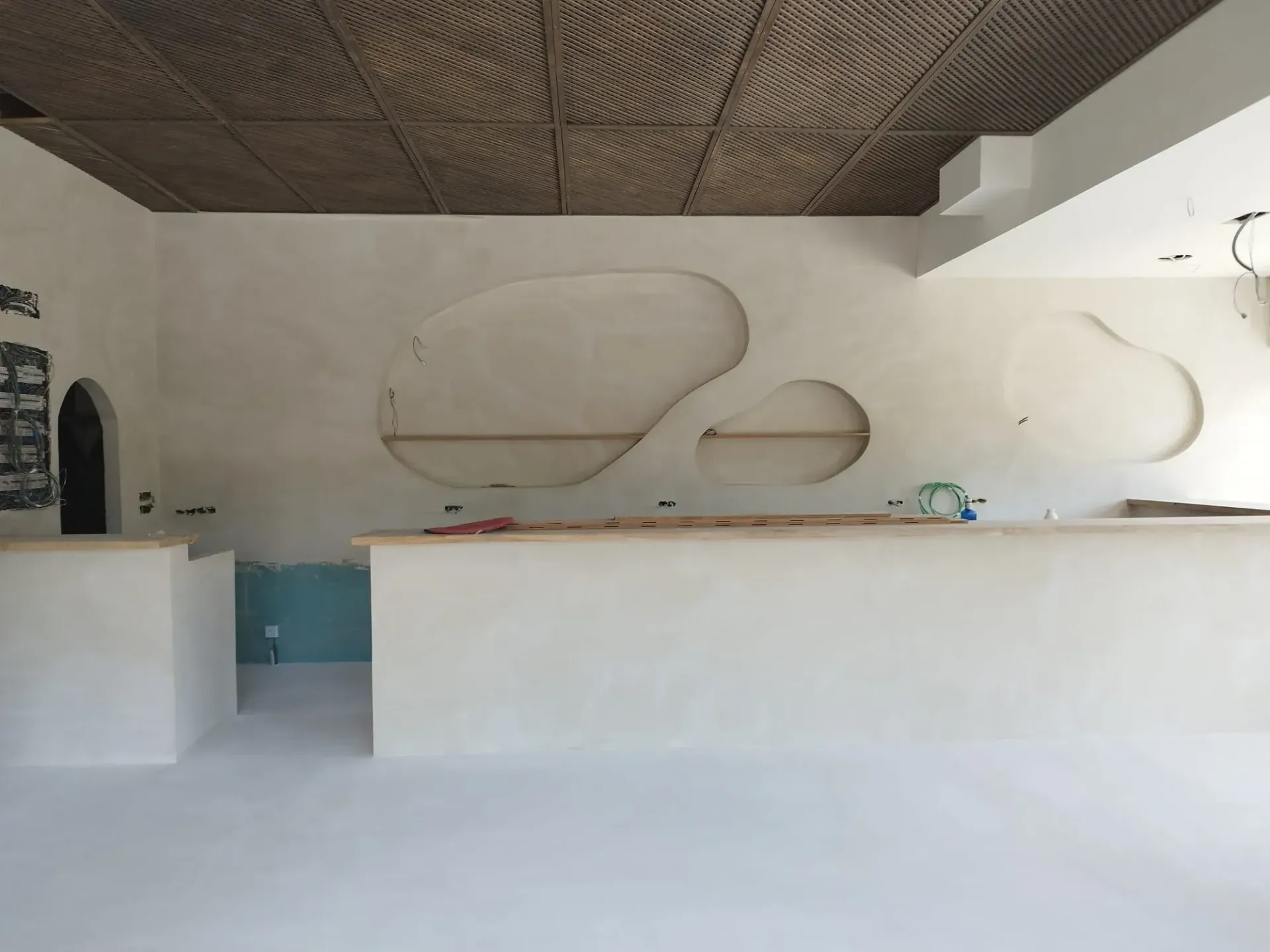 Espacio interior con paredes, techo y suelo blancos. Pared destacada con recortes orgánicos. Mostrador de madera.