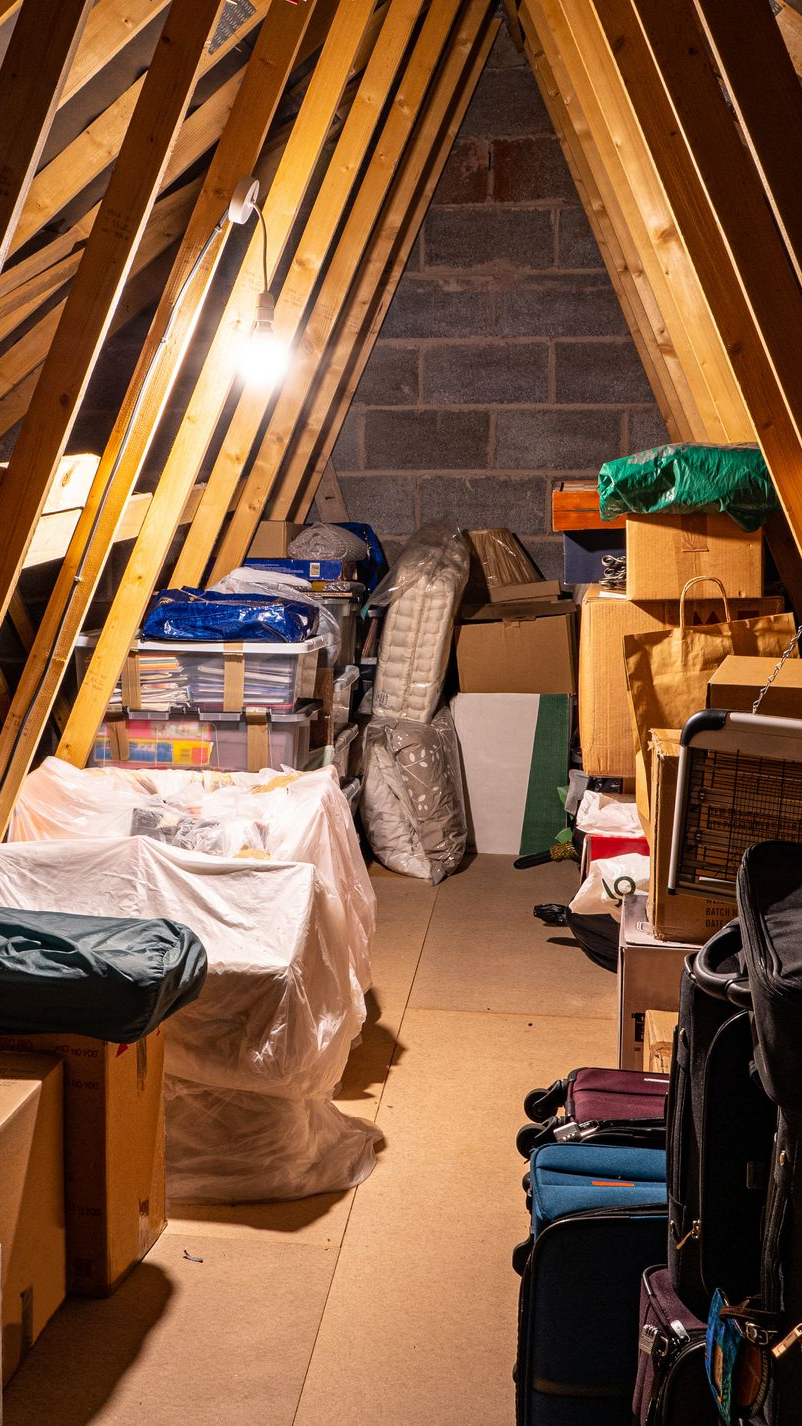 Grenier de rangement. Des boîtes, bacs et isolants sont empilés sous un plafond en bois incliné.